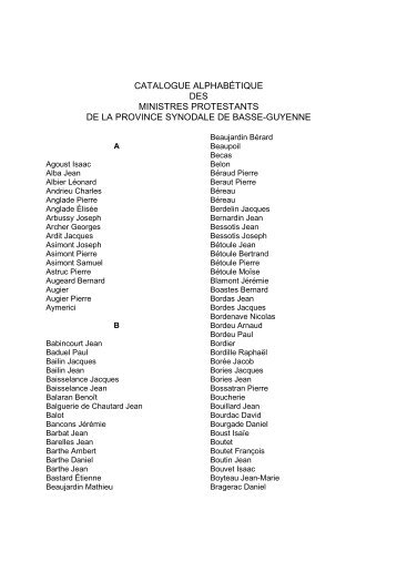 Liste alphabétique des pasteurs de Basse-Guyenne XVIe