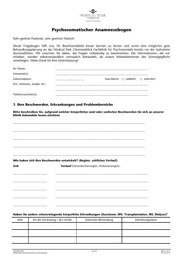 [PDF] Psychosomatischer Anamnesebogen - Medical Park