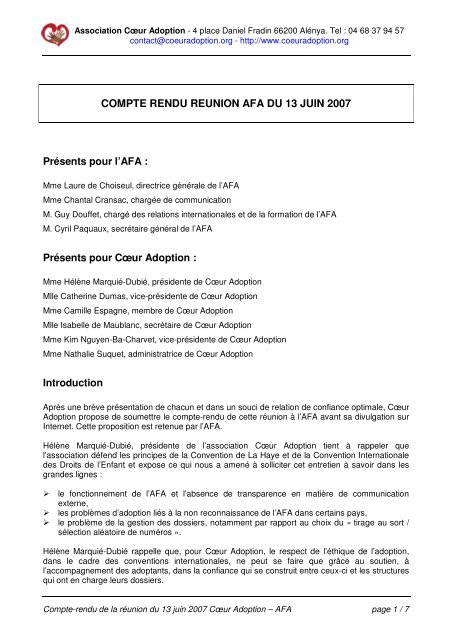 Compte-rendu de la réunion - Coeur Adoption