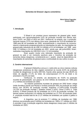 Sementes de Girassol: alguns comentários 1. Introdução O ... - Conab