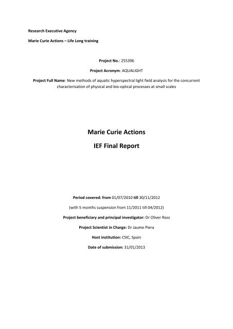 IEF Final Report, submitted to the Research Executive Agency ...