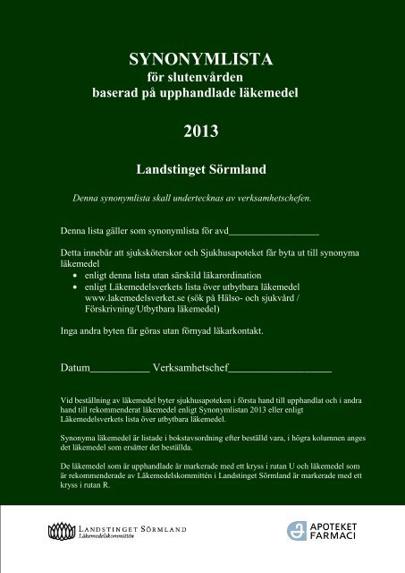 Synonymlistan för slutenvården 2013 - Landstinget Sörmland