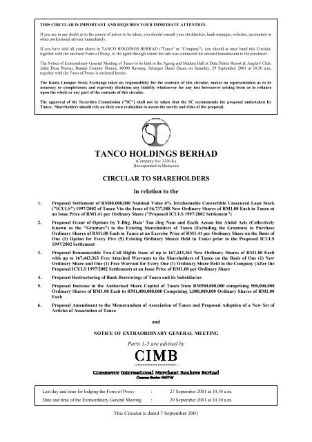 Tanco Holdings Berhad Bursa Malaysia Announcements