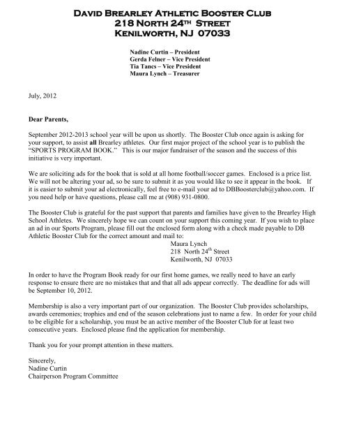 Boosters Club Letter (Parents) 12-13 (pdf) - Kenilworth Public Schools