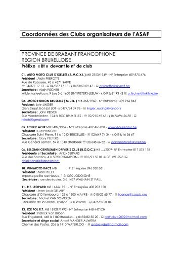 Coordonnées des Clubs organisateurs de l'ASAF