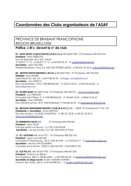 Coordonnées des Clubs organisateurs de l'ASAF