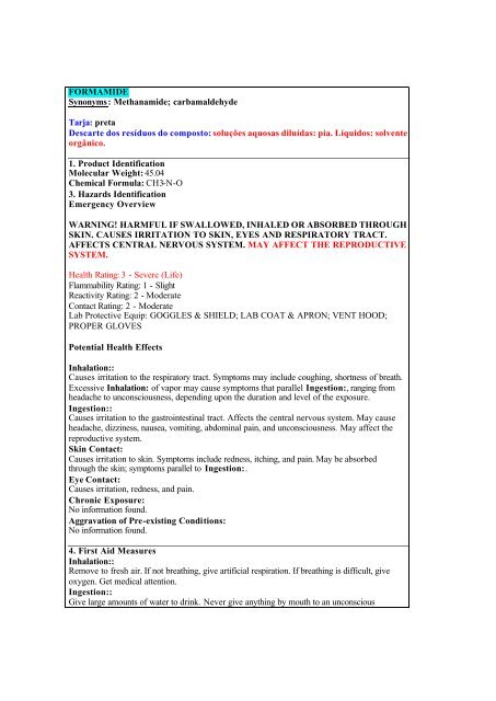 FORMAMIDE Synonyms: Methanamide; carbamaldehyde Tarja ...