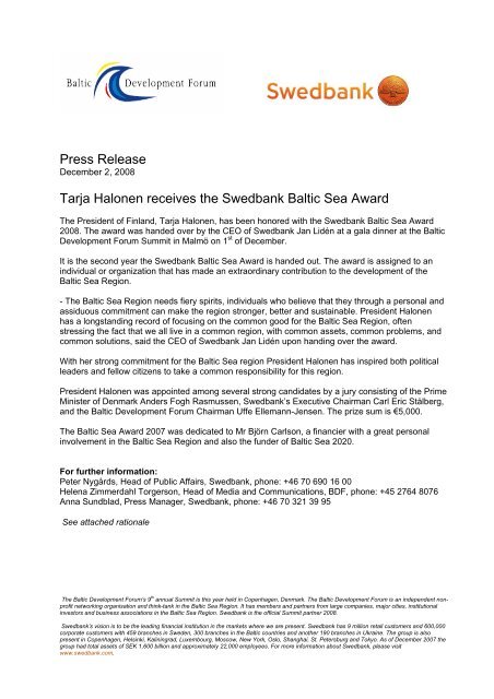 Press Release Tarja Halonen receives the Swedbank Baltic Sea ...