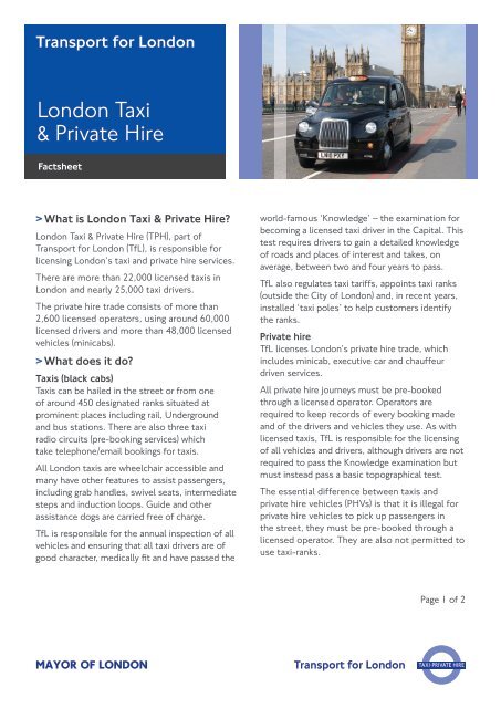 London taxi and private hire factsheet - Transport for London