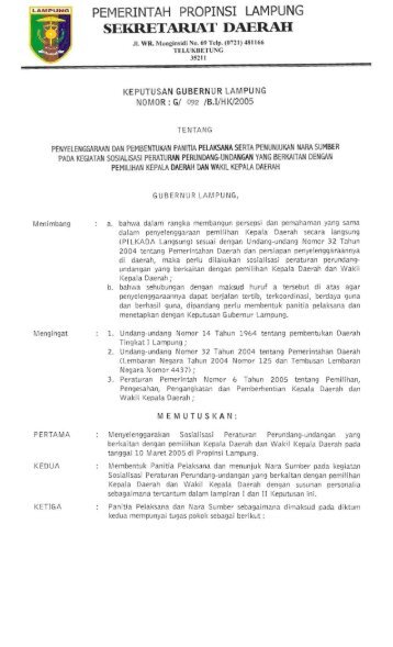 PEMERINTAH PROPINSI LAMPUNG SEKRETARIAT DAERAH