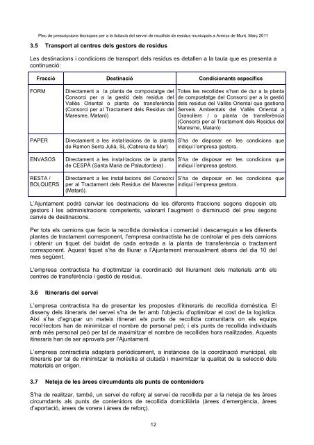 Plec tècnic Recollida Escombraries - Ajuntament d'Arenys de Munt