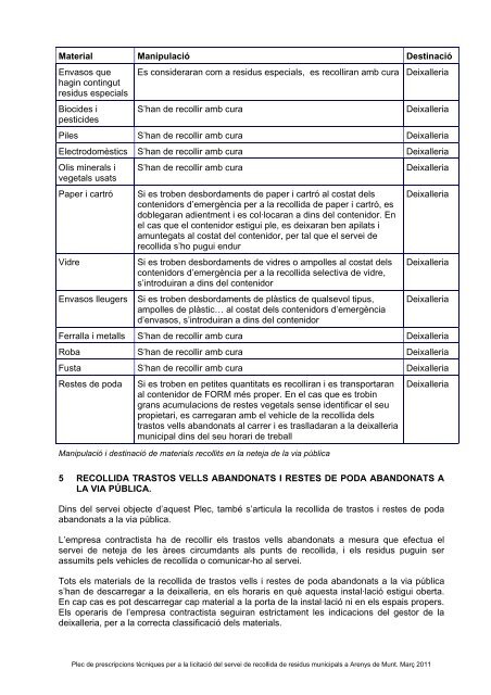 Plec tècnic Recollida Escombraries - Ajuntament d'Arenys de Munt