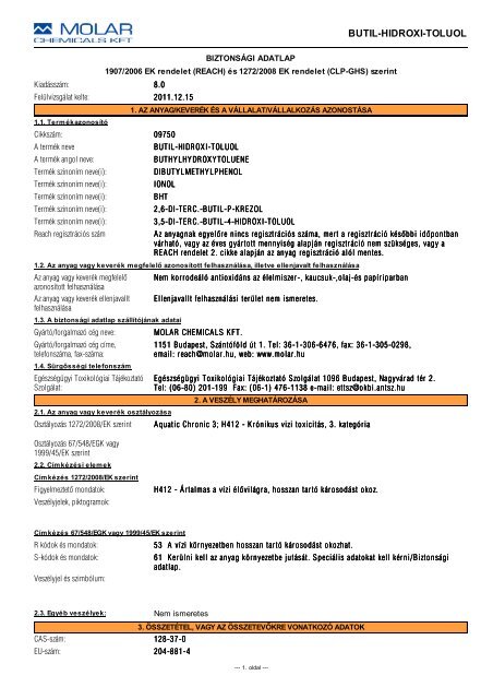 BUTIL-HIDROXI-TOLUOL - Molar Chemicals Kft.