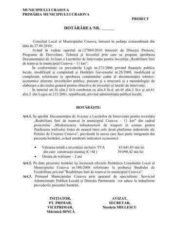 Proiect de hotărâre privind aprobarea ... - Primaria Craiova