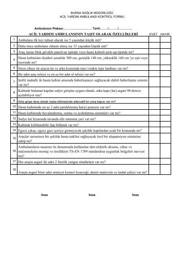 Acil Yardım Ambulansı Kontrol Formu - Bursa Sağlık Müdürlüğü