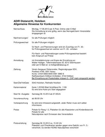 ADIR Distanzritt, Holziken Allgemeine Hinweise für Konkurrenten