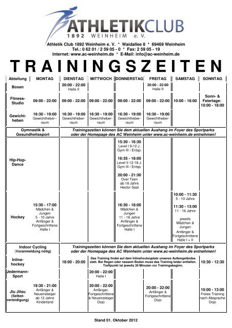 T R A I N I N G S Z E I T E N Athletik Club 12 Weinheim Ev T R A I N I N G S Z E I T E N Athletik Club 12 Weinheim Ev