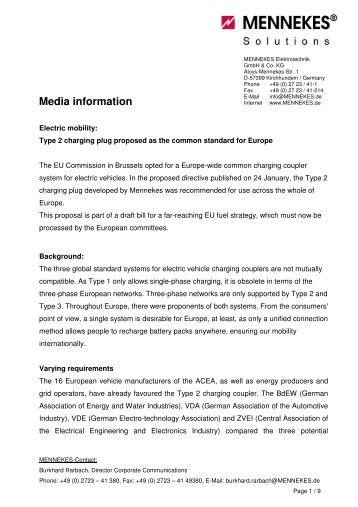Type 2 charging plug proposed as the common ... - Mennekes