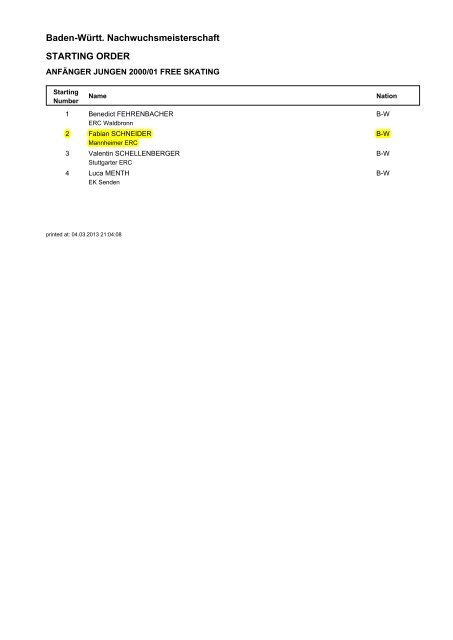 Baden-Württ. Nachwuchsmeisterschaft STARTING ORDER
