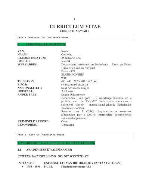 Cv Cswart Afr Sonder Id 09 University Of The Free State