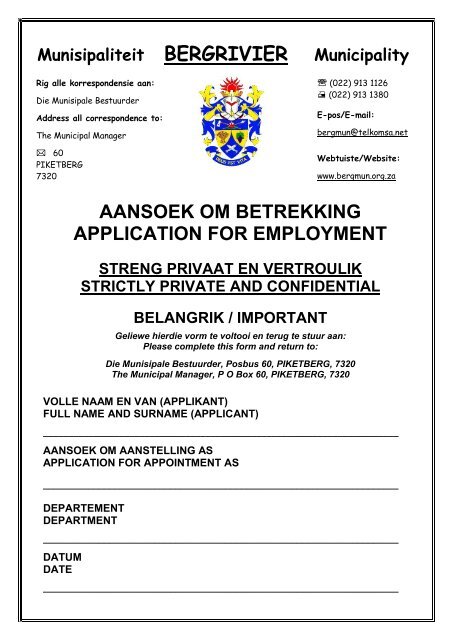 aansoek om betrekking application for employment - Bergrivier ...