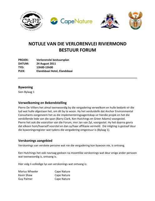 NOTULE VAN DIE VERLORENVLEI RIVIERMOND BESTUUR FORUM Anchor