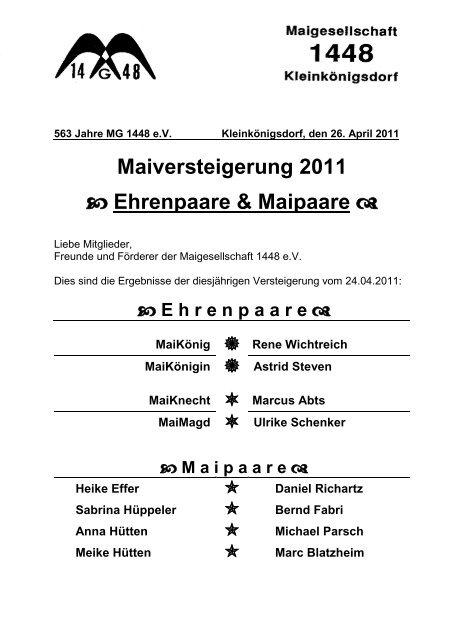Maiversteigerung 2011 - Maigesellschaft 1448 Kleinkönigsdorf eV