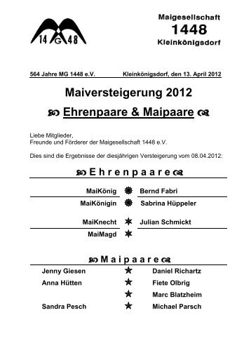 Maipaare 2012 - Maigesellschaft 1448 Kleinkönigsdorf eV