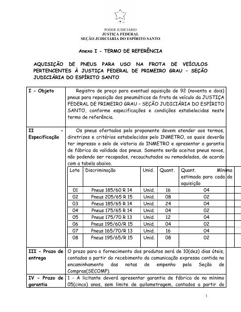 Anexo I - TERMO DE REFERÊNCIA AQUISIÇÃO DE PNEUS PARA ...