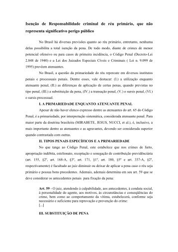 Isenção de Responsabilidade criminal de réu primário, que não ...