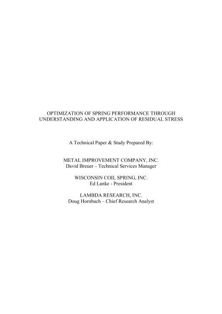 Optimization of Spring Performance Through Understanding and ...