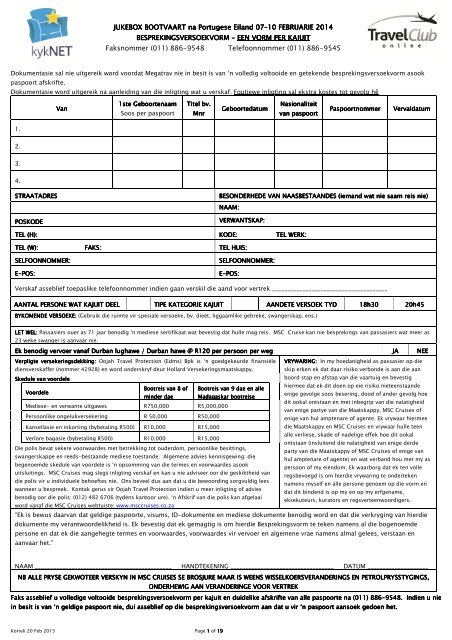 Booking Form for Cruise on MSC Opera - Travel Home