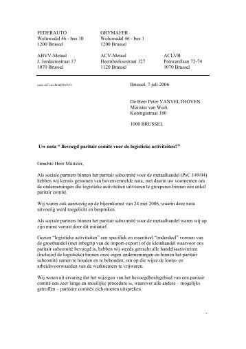 Brief Minister Vanvelthoven PsC149.4 - ABVV Metaal