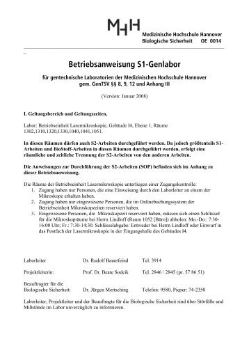 Betriebsanweisung S1-Genlabor - Medizinische Hochschule ...
