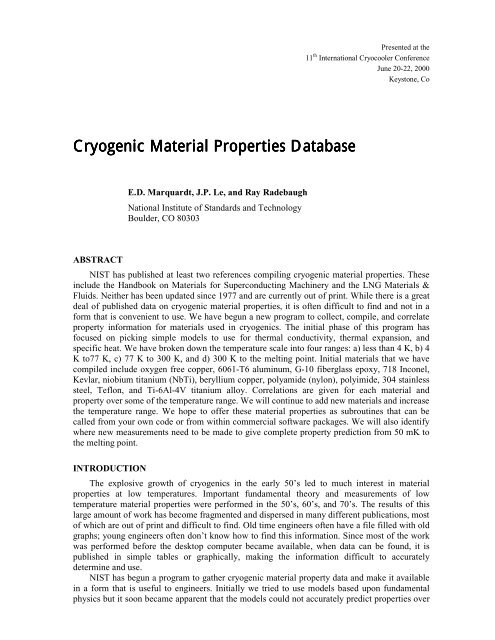 Cryogenic Material Properties Database Cryogenic Material ...