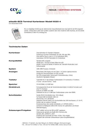 eHealth-BCS-Terminal Kartenleser Modell 6020-4 Technische Daten