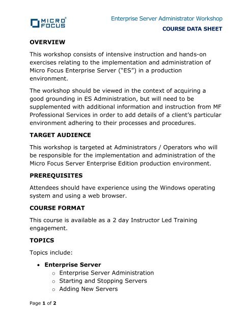 Enterprise Server Administrator Workshop OVERVIEW ... - Micro Focus