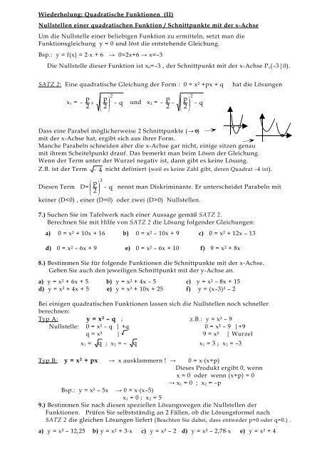 Nullstellen einer quadratischen Funktion / Schnittpunkte mit der x ...