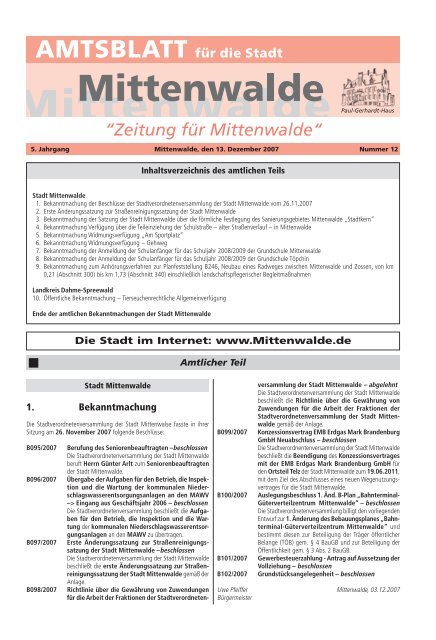 Die Stadt im Internet: www.Mittenwalde.de 1. Bekanntmachung