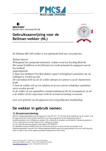 Gebruiksaanwijzing voor de Bellman-wekker - Multi Care Systems