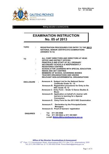 EXAMINATION INSTRUCTION No. 05 of 2013 - Gauteng Education