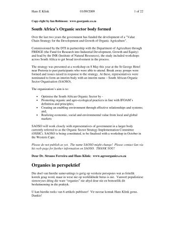 South Africa's Organic sector body formed - Agro-Organics