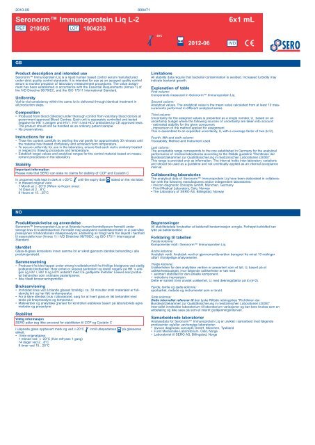 Package insert Seronorm Immunoprotein Liq L-2 - LAB MARK