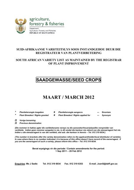 South African Varietal List For Seed Crops March 2012