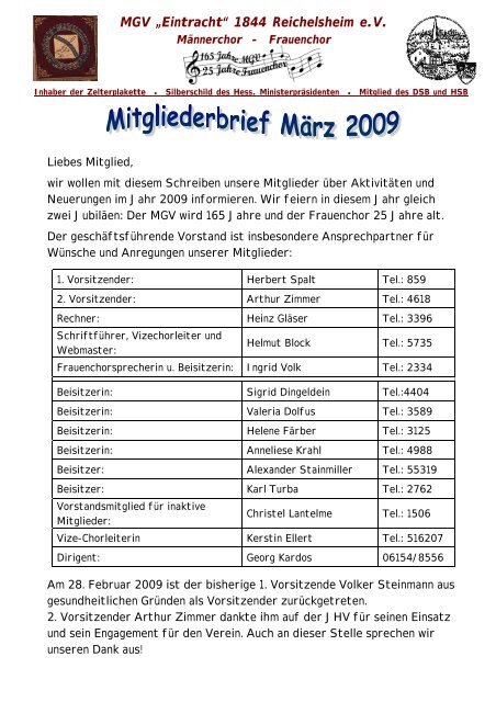 mitgliederbrief maerz 2009 - MGV "Eintracht" 1844 Reichelsheim