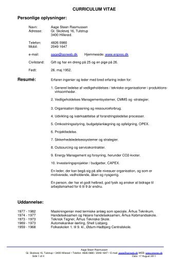 CURRICULUM VITAE Personlige oplysninger: Resumé: Uddannelse: