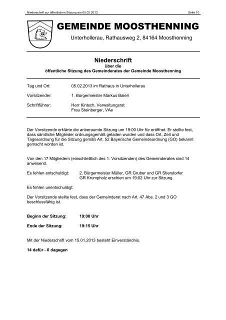 Gemeinderatssitzung vom 05.02.2013 - Gemeinde Moosthenning