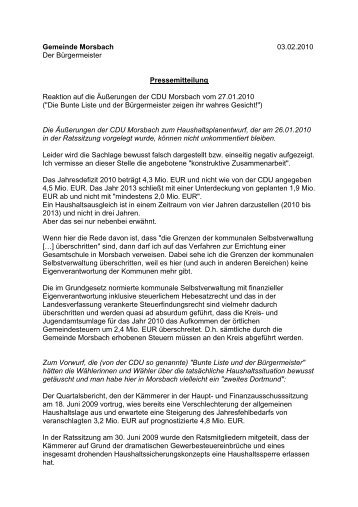 CDU-Reaktion zum HH 2010 - Gemeinde Morsbach