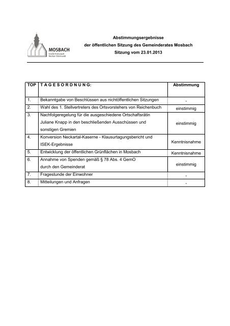 Abstimmungsergebnisse/Mitteilungen - Mosbach