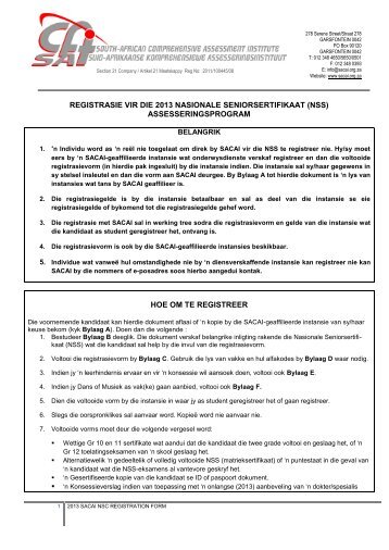 registrasie vir die 2013 nasionale seniorsertifikaat (nss) - sacai